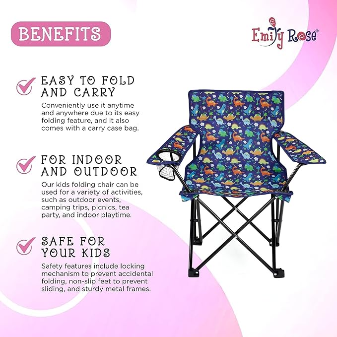 Emily Rose Kids Folding Chair | Beach Chair with Safety Lock- Camping Chair for Boyos Girls Toddler with Cup Holder & Carry Case- Tailgate, Travel, Lawn- for Indoor & Outdoor (Playful Dinosaurs)