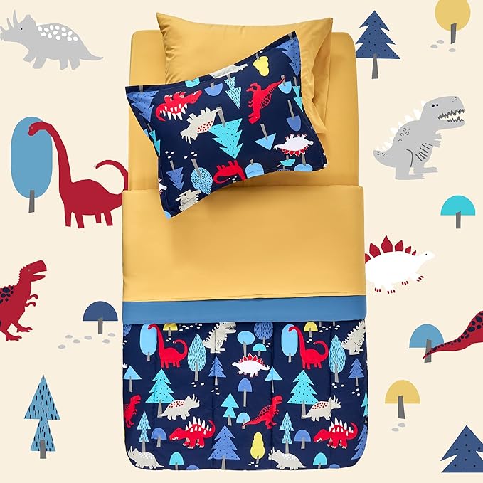 SLEEP ZONE Kids Bedding Comforter Set Full/Queen Size - Super Cute & Soft Kids Bedding 7 Pieces Set with Comforter, Sheet, Pillowcase & Sham (Dinosaur Land)
