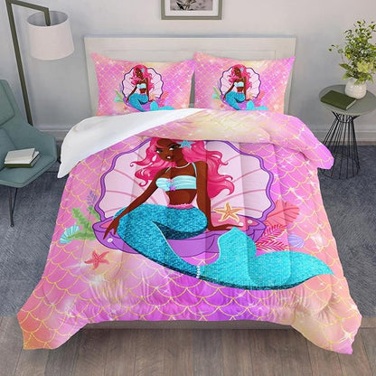 Datura home Bedding Comforter Set Black Girl Magic Mermaid Printed Pattern Quilt with 1 and 2 Pillowcases for Girls Bedroom All Season(Black Pink Twin) Twin 68x86inches