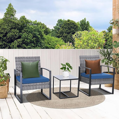 3 Pieces Patio Furniture Set, Outdoor Patio Set, Patio Bistro Set, All-Weather Wicker Conversation Set with Cushions Table for Porch Backyard (Gray-Blue)