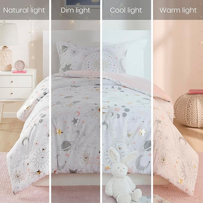 Mi Zone Kids Full Comforter Set, Celestial Metallic Comforter Set Starry Sky, Moon & Sun Comforters, All Seasons Lightweight & Fluffy Comforter Bed Set, 2 Shams, Celia, Full/Queen, Blush/Gold 4 Piece