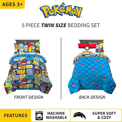 Franco Kids Bedding Super Soft Comforter and Sheet Set with Sham, 5 Piece Twin Size, Pokemon