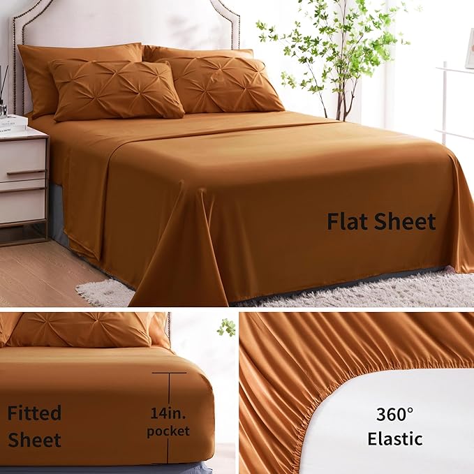 Ubauba 7pc Burnt Orange Queen Comforter Set, Rust 7 Piece Pintuck Bed in a Bag with Sheets, All Season Pinched Pleat Bedding Comforters & Sets,(Rustic, Queen Size)
