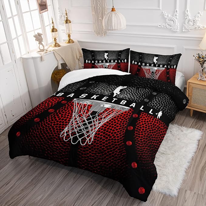 Axolotl Basketball Bedding Set for Boys Kids Teens,Soft Microfiber Black and Red Sports Theme Basketball Bedding Sets Queen Size with 1 Comforter and 2 Pillowcases All Season
