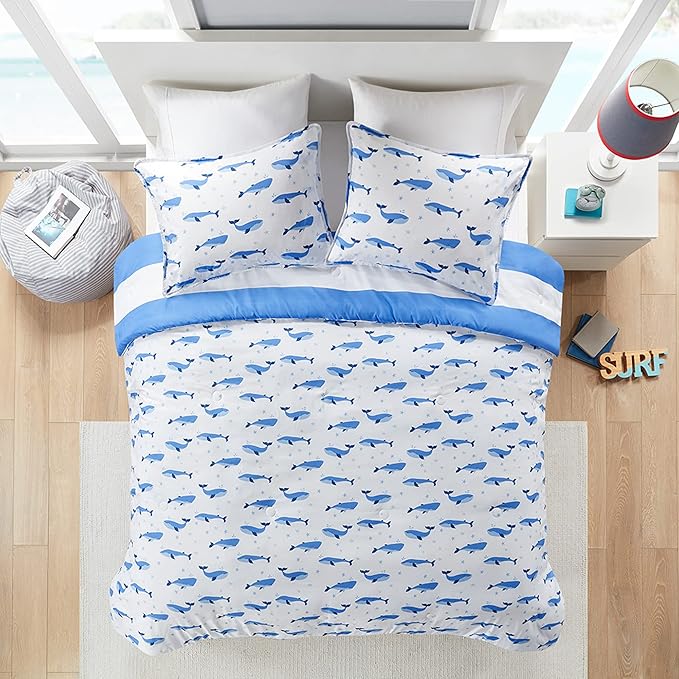 Mizone Kids Blake Reversible Dolphin Comforter Set - Adventure Animal Adorable Print with Stripe Reverse, Fun Bedroom Décor, Modern All Season Kids Bedding, Matching Sham, Blue 2 Piece, Full/Queen