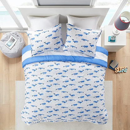 Mizone Kids Blake Reversible Dolphin Comforter Set - Adventure Animal Adorable Print with Stripe Reverse, Fun Bedroom Décor, Modern All Season Kids Bedding, Matching Sham, Blue 2 Piece, Full/Queen