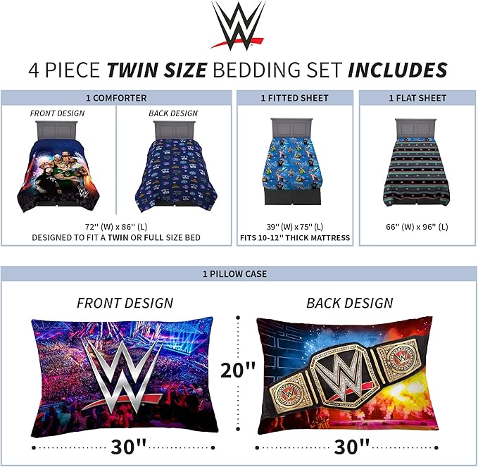 Franco Kids Bedding Super Soft Comforter and Sheet Set, 4 Piece Twin Size, WWE
