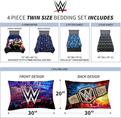 Franco Kids Bedding Super Soft Comforter and Sheet Set, 4 Piece Twin Size, WWE