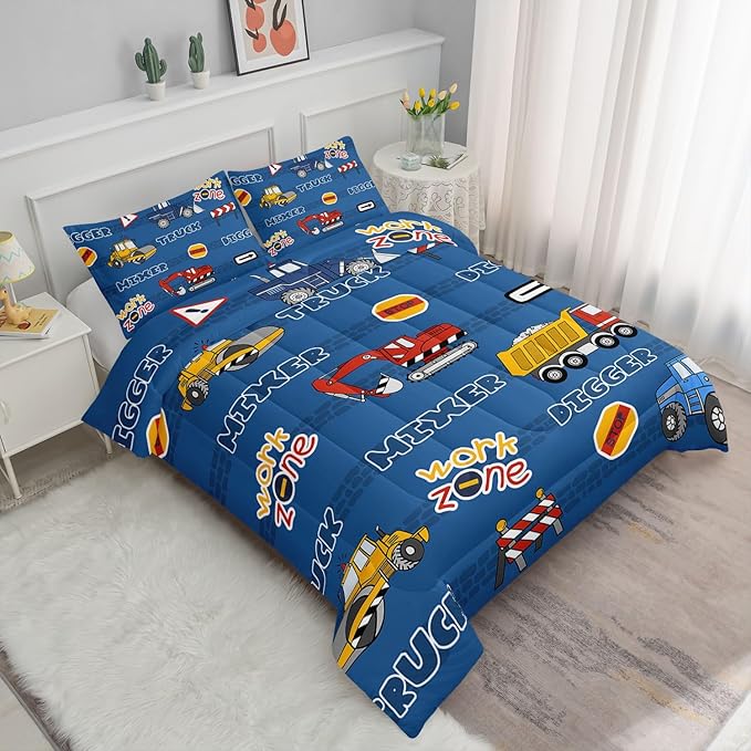 Kids Comforter Set Butterfly Printed Pattern Bedding Set with 1 Comforter and 2 Pillowcases for Girls Boys Bedroom All Season(Truck Queen)