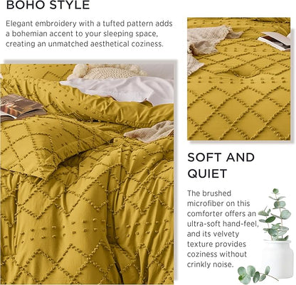 Bedsure Twin/Twin XL Comforter Set - Mustard Yellow Boho Twin Extra Long Comforter Set for College, Shabby Chic Dorm Bedding Set, 2 Pieces Modern Farmhouse Bed Set, includes 1 Pillow Sham
