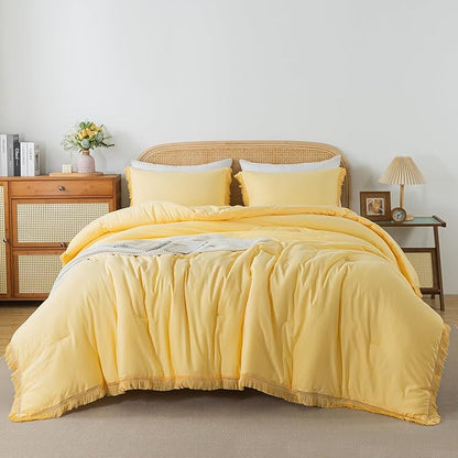 Andency Yellow Tassel Comforter Set Queen(90x90Inch), 3 Pieces(1 boho Comforter, 2 Pillowcases) Farmhouse Shabby Chic Comforter Set, Soft Microfiber Lightweight Fringe Bedding Comforter Set