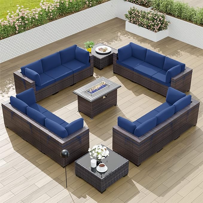 Kullavik 15PCS Outdoor Patio Furniture Set with 43" 55000BTU Gas Propane Fire Pit Table PE Wicker Rattan Sectional Sofa Patio Conversation Sets w/8 Coner Sofas,Dark Blue