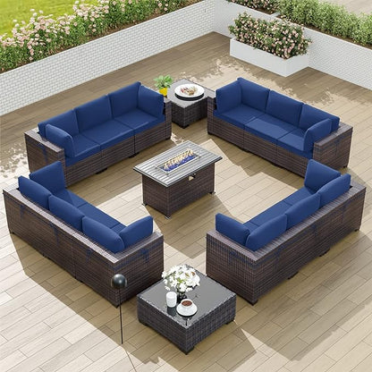 Kullavik 15PCS Outdoor Patio Furniture Set with 43" 55000BTU Gas Propane Fire Pit Table PE Wicker Rattan Sectional Sofa Patio Conversation Sets w/8 Coner Sofas,Dark Blue