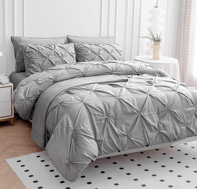 Lane Linen King Comforter Set, King Size Comforter Set 7 Pieces, Bed in a Bag King Size, Pintuck King Size Bedding Sets, King Bed Set, King Size Comforter Set with Sheets, Pillowcases & Shams - Silver