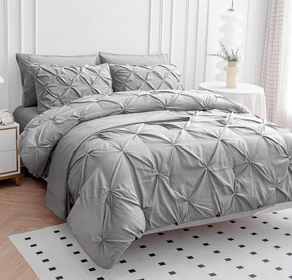 LANE LINEN 7 Piece Queen Comforter Set with Sheets, Pintuck Bedding Queen Size Set, Soft Bed in A Bag Queen, Pinch Pleated Queen Bed Set, Fluffy Queen Bedding Set with Pillowcases & Shams - Silver