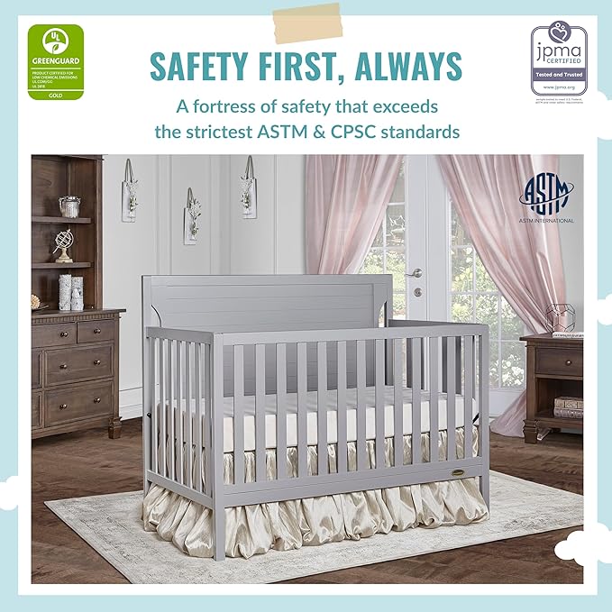 Cape Cod 5-In-1 Convertible Crib In Pebble Grey, Greenguard Gold And JPMA Certified, Built Of Sustainable New Zealand Pinewood, 3 Mattress Height Positions
