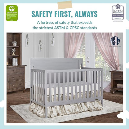 Cape Cod 5-In-1 Convertible Crib In Pebble Grey, Greenguard Gold And JPMA Certified, Built Of Sustainable New Zealand Pinewood, 3 Mattress Height Positions