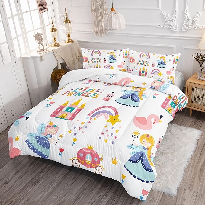Datura home Girls Bedding Comforter Set Little Princess and Rainbow Castle Printed Pattern Quilt with 1 2 Pillowcases for Bedroom All Season(Princess Queen), Queen 90x90inches