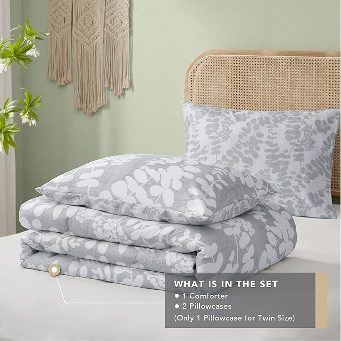 Codi Gray Floral Comforter Set King Size, Botanical Bedding Sets | Nature Style, Unique Reversible Design, Better for Spring and Summer | Leaf Print 3 Pieces