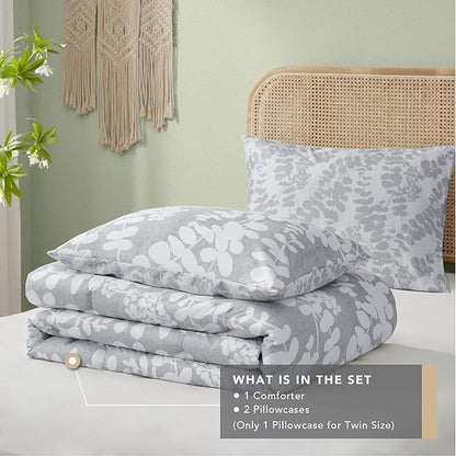 Codi Gray Floral Comforter Set King Size, Botanical Bedding Sets | Nature Style, Unique Reversible Design, Better for Spring and Summer | Leaf Print 3 Pieces