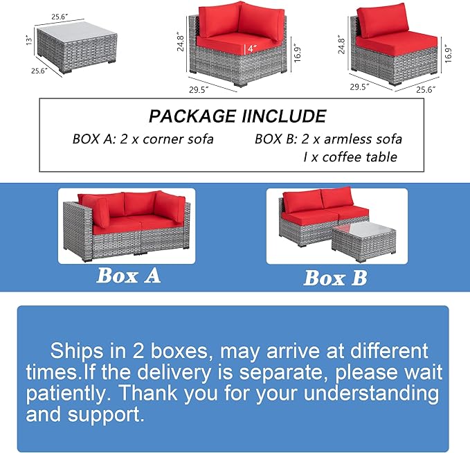 Shintenchi 5 Pieces Outdoor Patio Sectional Sofa Couch, Silver Gray PE Wicker Furniture Conversation Sets with Washable Cushions & Glass Coffee Table for Garden, Poolside, Backyard (Red)