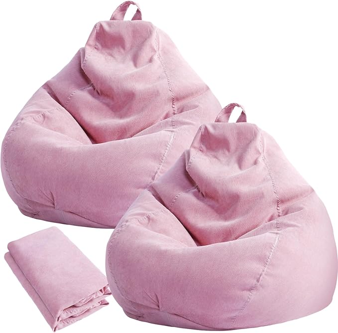 2 Pcs Bean Bag Cover Stuffed Animal Storage Bean Bag Chair Cover Soft Corduroy Stuffed Animal Bean Bag Storage for Kids Adults Indoor Bedroom Organizing Plush Toys(Pink, 100L)