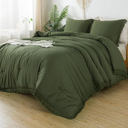 Andency Olive Green Comforter Set Queen, 3 Pieces Boho Tassel Lightweight Bedding Comforter Sets, All Season Soft Fluffy Fringe Bed Set (90x90In Comforter & 2 Pillowcases)