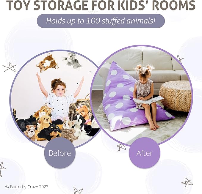 Butterfly Craze Bean Bag Chair Cover, Functional Toddler Toy Organizer, Fill with Stuffed Animals to Create a Jumbo, Comfy Floor Lounger for Boys or Girls, Stuffing Not Included, Purple Polka Dots