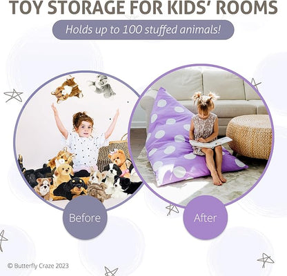 Butterfly Craze Bean Bag Chair Cover, Functional Toddler Toy Organizer, Fill with Stuffed Animals to Create a Jumbo, Comfy Floor Lounger for Boys or Girls, Stuffing Not Included, Purple Polka Dots