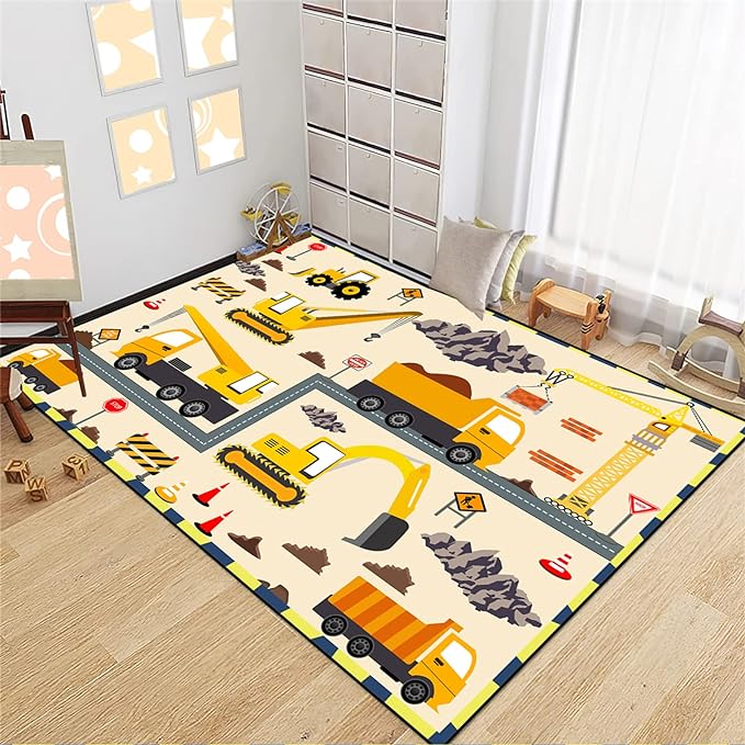 Construction Play Mat Car Rug Play Mat Construction Rugs for Boys Room Car Rug for Boys Room Construction Decor for Boys Room Playroom Rug for Livingroom 5'×7'