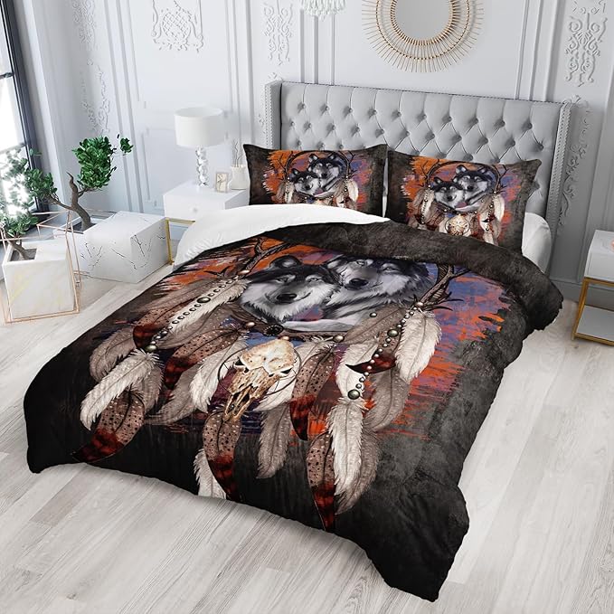 Wolf Dream Catcher Comforter Set for Kids Teens Girls Retro Modern Wildlife Animal Comforter Tie Dye Wolf Bedding Set for Kids Teens Room Decor