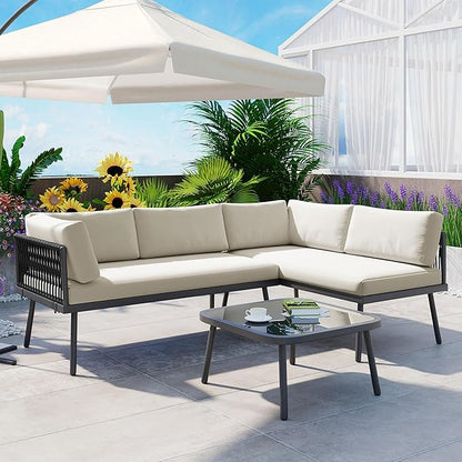 3-Piece Outdoor Patio Furniture PE Rattan Sofa Set, All Weather L-Shaped Sectional Couch with Removable Cushions and Glass Table, for Backyard Poolside Garden, Metal Frame, Onesize, Beige