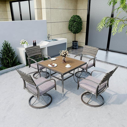 Pamapic 5 Piece Patio Dining Set for 4,Wicker Outdoor Furniture Set for Backyard Garden Deck Poolside with Square Plastic-Wood Table Top,4 Cushions Swivel Rocker Chairs,Removable Cushions(Gray)