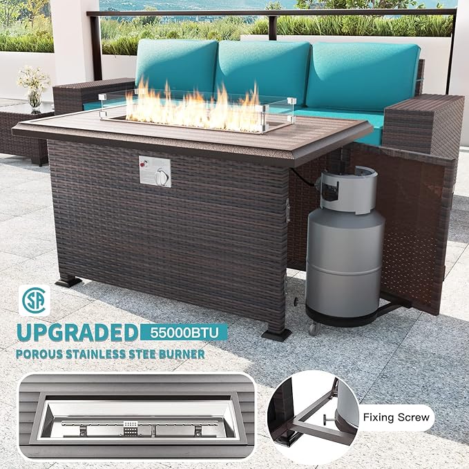 Kullavik 13 Pieces Outdoor Patio Furniture Set with 43" 55000BTU Gas Propane Fire Pit Table PE Wicker Rattan Sectional Sofa Patio Conversation Sets,Blue
