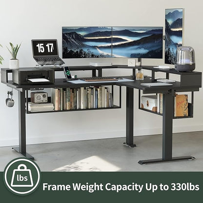 FEZIBO 63Inch L Shaped Standing Desk with Shelves, Large Storage Adjustable Desk with Triple Motors,Corner Desk Double Shelves with Light Strip, Black