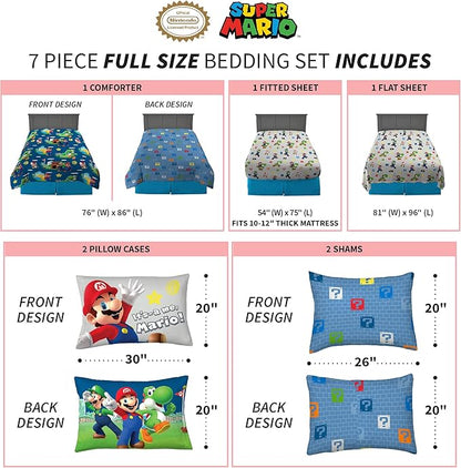 Franco Kids Bedding Super Soft Comforter and Sheet Set with Sham, 7 Piece Full Size, Mario