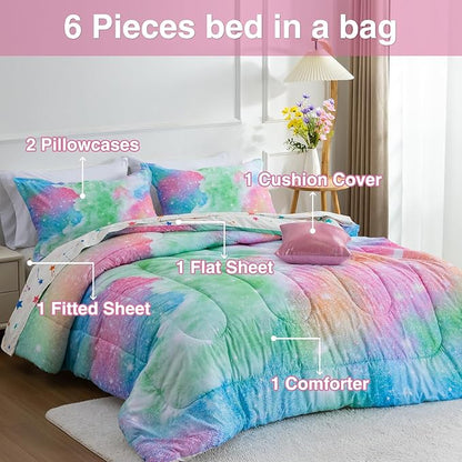 A Nice Night Galaxy 6pcs Kids Bed in a Bag Outer Space Comforter 3D Printed Space Quilt Set Glitter Pink Green Color,for Children Boy Girl Teen Kids,Twin