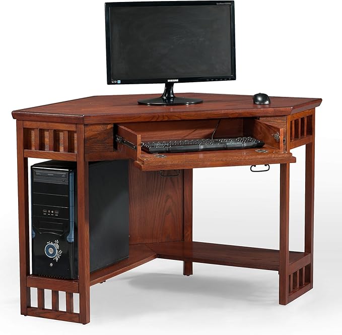 Leick Home 82430 Mission Corner Desk, Writing Computer Desk with Drop Front Keyboard Drawer, for Home Office, Solid Wood, Mission Oak