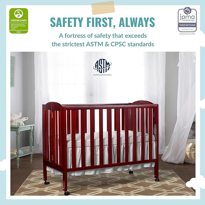 Dream On Me 3 in 1 Portable Folding Stationary Side Crib in Cherry, Greenguard Gold Certified, Safety Wheel with Locking Casters, Convertible, 3 Mattress Heights