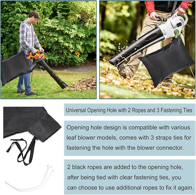 OwnMy Universal Leaf Vacuum Blower Bag Black Leaf Vacuum Bag Leaf Blower Replacement Bag with 3 Fasten Ties, Adjustable Leaf Blower Mulcher Bag Bottom Debris Zipper Bag Fallen Leaves Collection Bag
