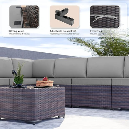 Kullavik 9PCS Outdoor Patio Furniture Set PE Wicker Rattan Sectional Sofa Patio Conversation Sets,Grey