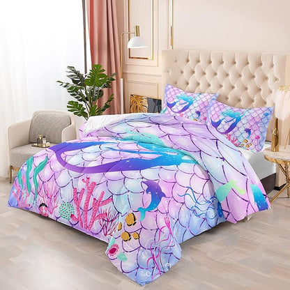 CVHOUSE Mermaid Comforter Set,Rainbow Mermaid Bedding Set for Girls Kids Teens,Rainbow Mermaid Comforter Mermaid Duvet Set Room Decor Quilt Set Queen Size