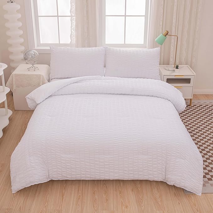 Seersucker Light White Bed Comforter Sets Queen Size for Women Boho White Seersucker Bedding Set 5 Pieces-Microfiber Lightweight Soft Bed Set for All Season,Queen