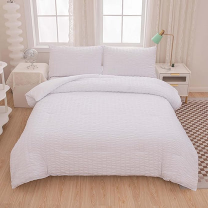 Seersucker Light White Bed Comforter Sets Queen Size for Women Boho White Seersucker Bedding Set 5 Pieces-Microfiber Lightweight Soft Bed Set for All Season,Queen