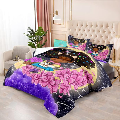 African American Girls Comforter Set Full Size for Girls Bedroom Full Size Afro Girls Bedding Sets for Girls Lovely Black Girls Comforter Set Cute Princess Bedding Set, 1 Comforter + 2 Pillowcases