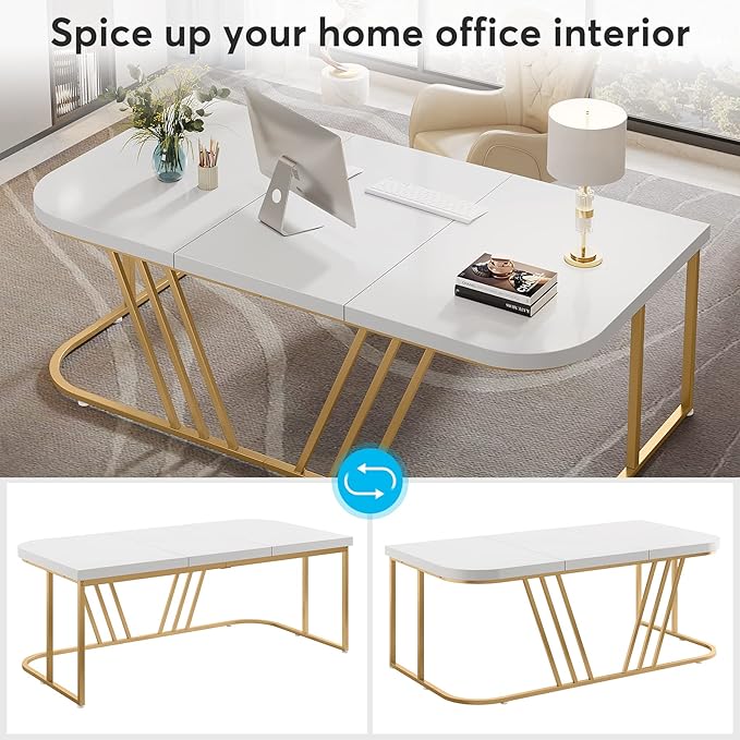 63 inches Executive Desk, Home Office Computer Desk, Modern Large Conference Table with Gold Metal Frame, Bussiness Furniture for Work Writing