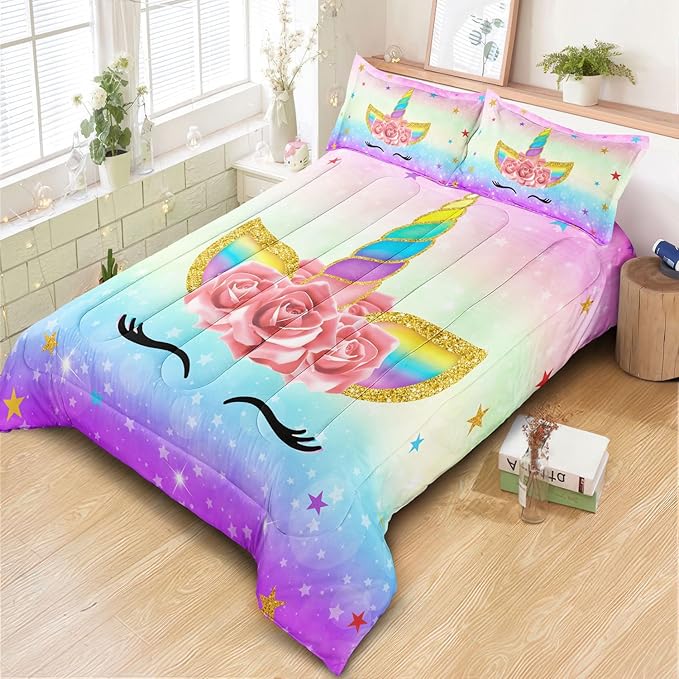 Unicorn Bedding Twin for Girls, Colorful Rainbow Comforter Set with Pink Unicorn Bedding Comforter, Cute Bed Set for Kids Teens, Ultra Soft and Fluffy