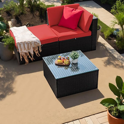 Greesum 3 Piece Patio Conversation Set Wicker Rattan Furniture Outdoor Sofa with Cushions,Pillows & Glass Table for Porch,Lawn and Yard, Red