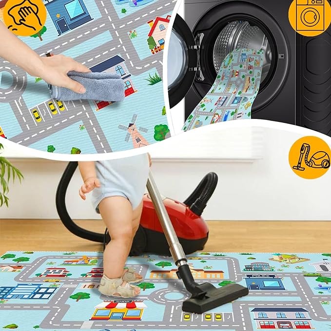 Kids Car Rug, 6x9 City Life Traffic Road Playmat for Toy Cars Trains, Non-Slip Race Track Carpet Educational Fun Area Rugs for Boy and Girl Bedroom Nursery