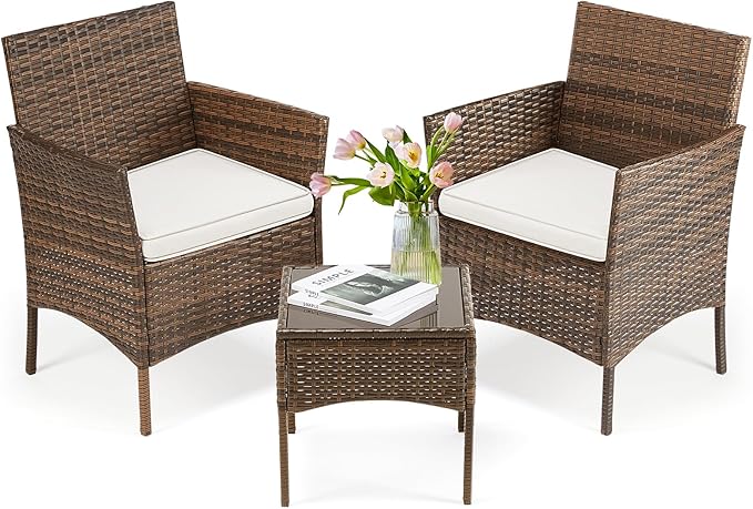 DUMOS Set 3 Pieces Outdoor Furniture with Soft Cushion and Glass Table, All Weather Manual Weaving Wicker Rattan Patio Chairs for Garden, Terrace, Porch, Lawns, Brown